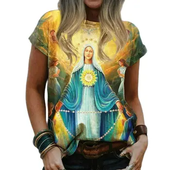 Harajuku Žien Bežné T-shirt Výstrihu Ulici Šaty Ježiš Náboženské Cartoon 3D Tlač Krátky Rukáv Pulóver