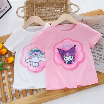 Sanrio Kawali Kuromi Cinnamoroll Krátky Rukáv T-Shirt Premennej Sequin Vzor Čistej Bavlny Pohodlné Letné Anime Darček Pre Deti